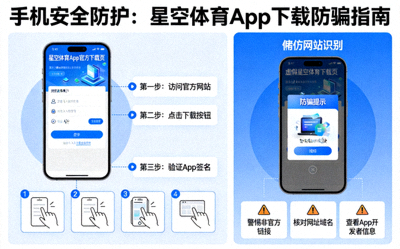 手机安全防护概念图，展示如何安全下载星空体育App并识别仿冒网站的防骗提示